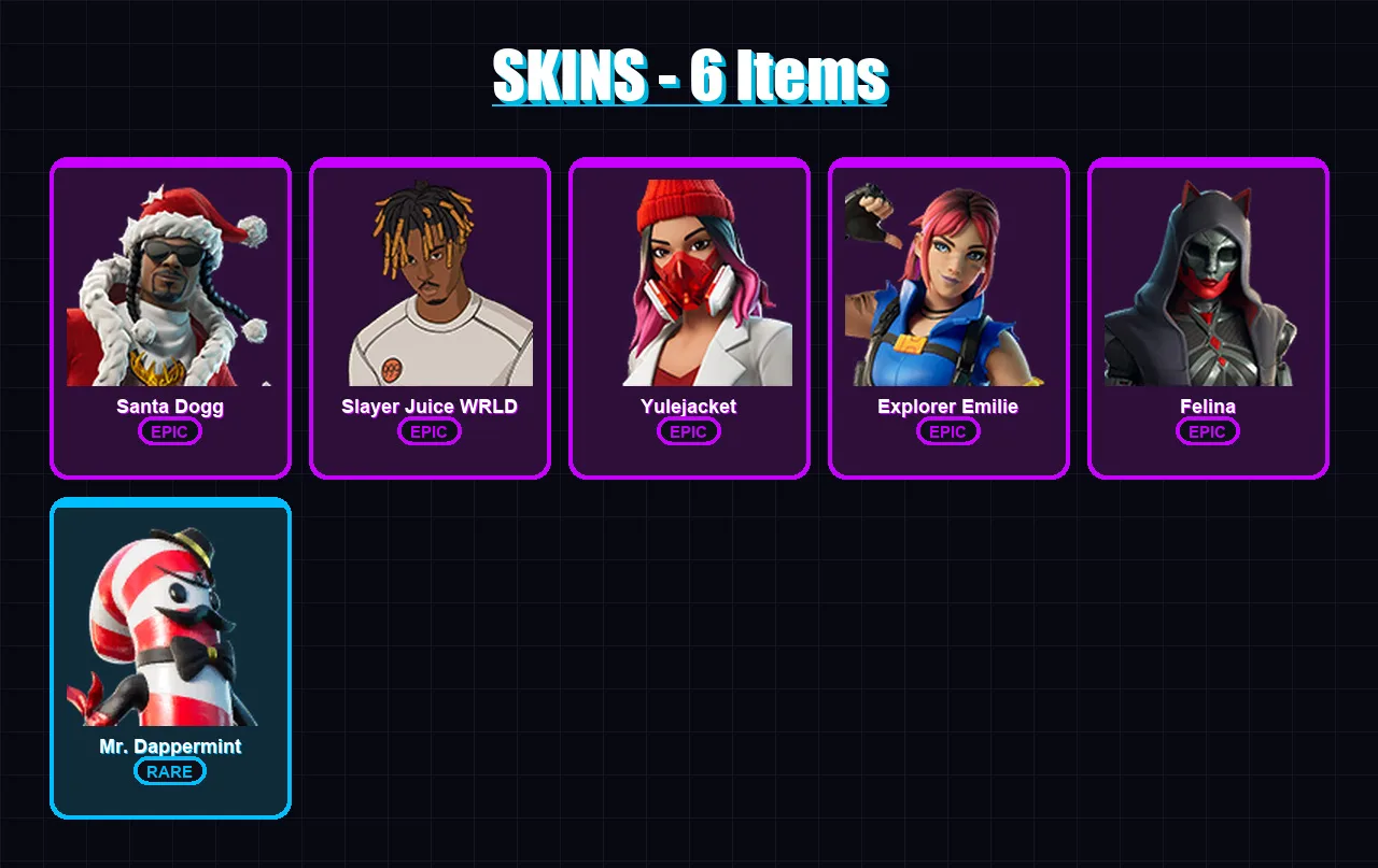 [PC/XBOX/PSN] | Santa Dogg | Slayer Juice WRLD | Yulejacket | Explorer Emilie | Felina | 6 skin | 18 pickaxe | 10 emote | 13 glider | Lv378