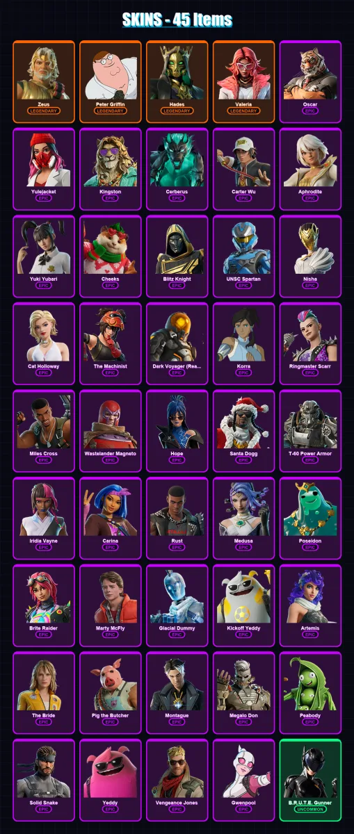 [PC/XBOX] | Zeus | Peter Griffin | Hades | Valeria | Oscar | 45 skin | 116 pickaxe | 61 emote | 78 glider | Lv1833