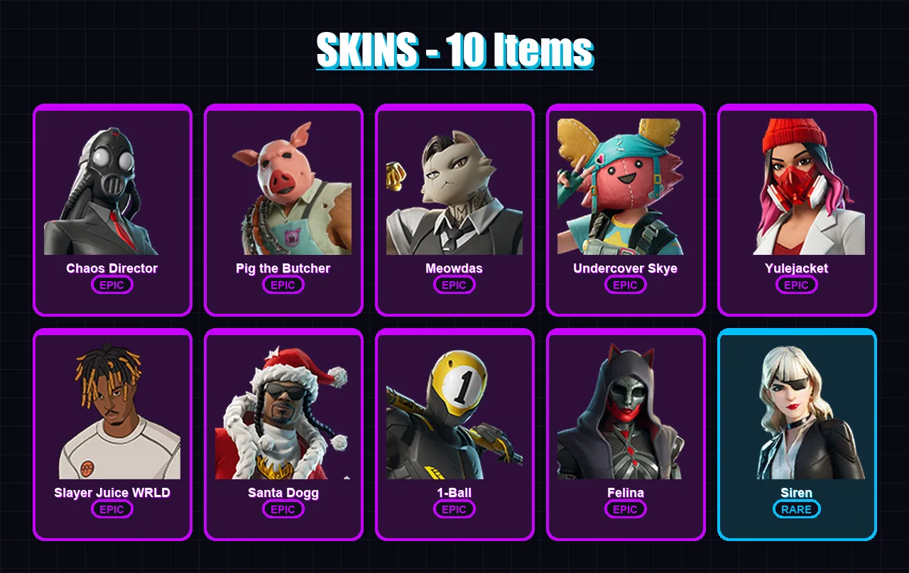 [PC/XBOX/PSN] | Chaos Director | Pig the Butcher | Meowdas | Undercover Skye | Yulejacket | 10 skin | 30 pickaxe | 13 emote | 15 glider | Lv173