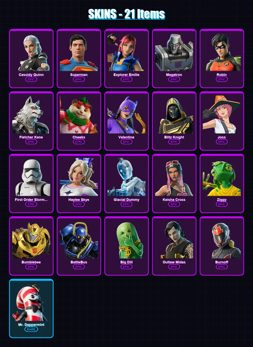 [SWITCH/XBOX/PSN/PC] | Cassidy Quinn | Superman | Explorer Emilie | Megatron | Robin | 21 skin | 44 pickaxe | 18 emote | 22 glider | Lv182