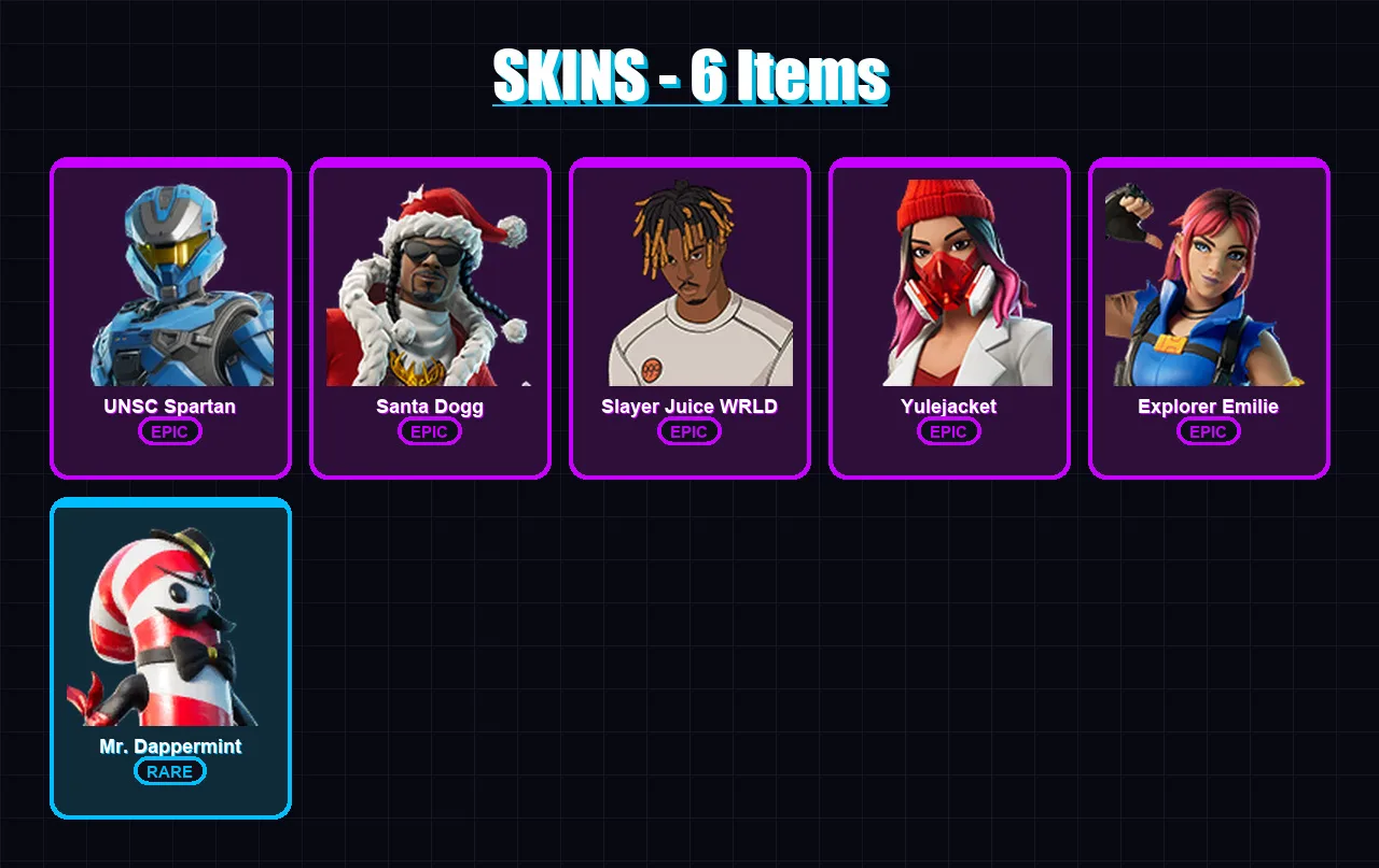 [PC/XBOX/PSN] | UNSC Spartan | Santa Dogg | Slayer Juice WRLD | Yulejacket | Explorer Emilie | 6 skin | 50 pickaxe | 25 emote | 29 glider | Lv604
