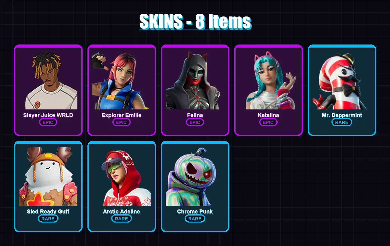 [PC/PSN] | Slayer Juice WRLD | Explorer Emilie | Felina | Katalina | Mr. Dappermint | 8 skin | 17 pickaxe | 8 emote | 20 glider | Lv287
