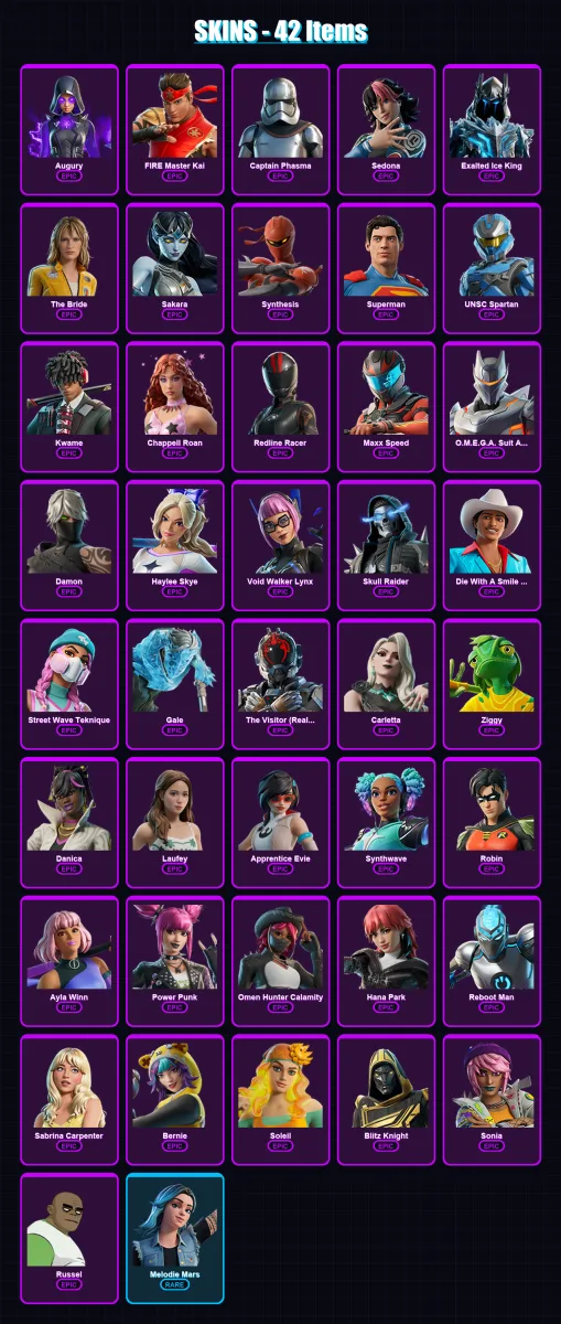 [PC/PSN] | Augury | FIRE Master Kai | Captain Phasma | Sedona | Exalted Ice King | 42 skin | 32 pickaxe | 13 emote | 9 glider | Lv64 — Fortnite account
