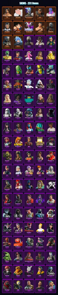 [PC/XBOX/PSN] | Raz | Peter Griffin | Renzo the Destroyer | Joey | Kymera | 231 skin | 262 pickaxe | 185 emote | 163 glider | Lv1558