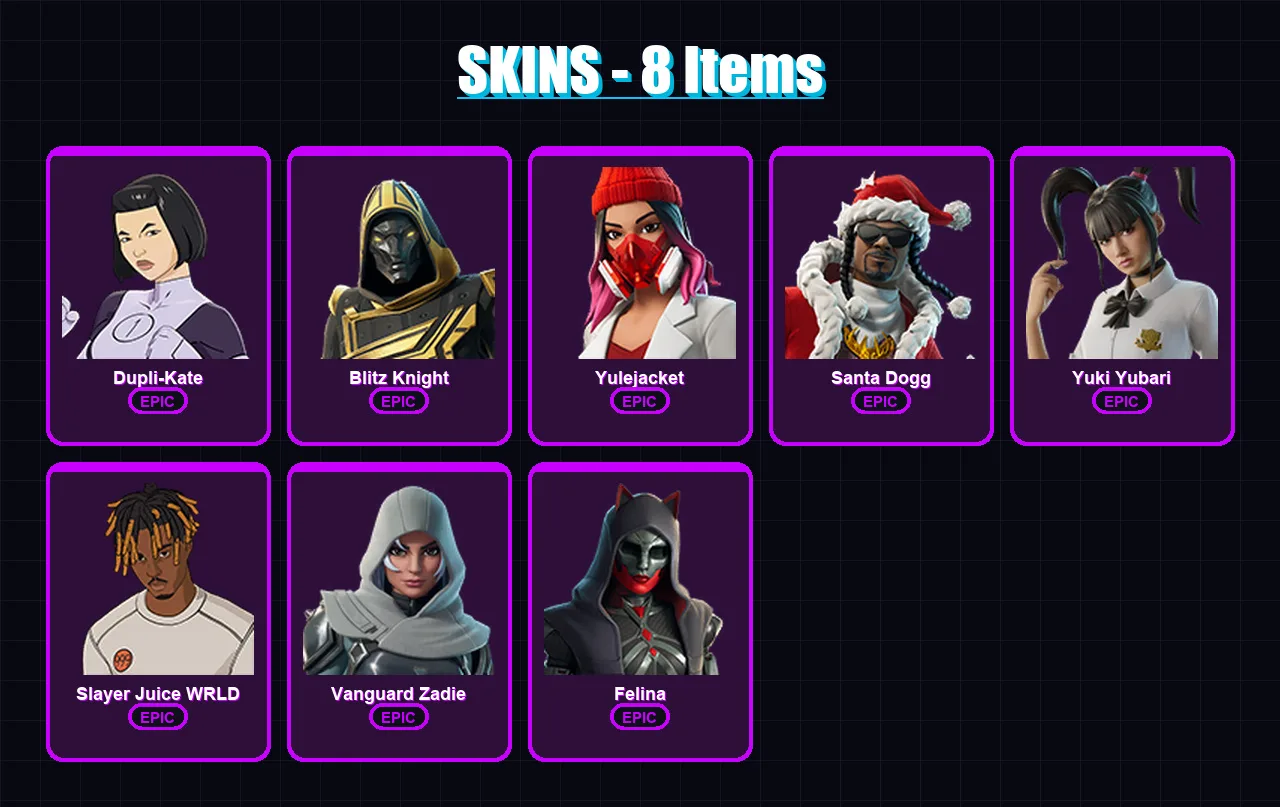 [PC/XBOX] | Dupli-Kate | Blitz Knight | Yulejacket | Santa Dogg | Yuki Yubari | 8 skin | 66 pickaxe | 24 emote | 42 glider | Lv1152