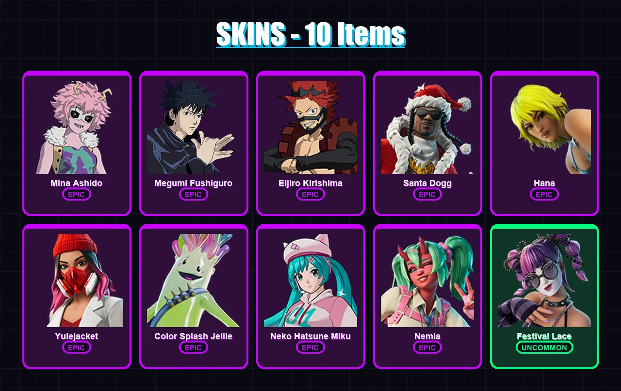 [PC/XBOX/PSN] | Mina Ashido | Megumi Fushiguro | Eijiro Kirishima | Santa Dogg | Hana | 10 skin | 32 pickaxe | 21 emote | 22 glider | Lv245