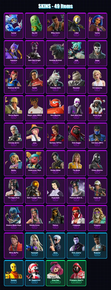 [PC/XBOX/PSN] | Nyanja | Big Dill | Miles Cross | 1-Ball | Carina | 49 skin | 81 pickaxe | 51 emote | 49 glider | Lv1492