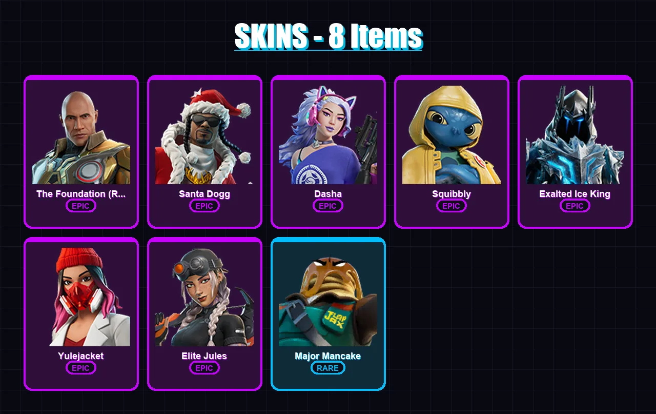 [PC/PSN] | The Foundation (Reforged) | Santa Dogg | Dasha | Squibbly | Exalted Ice King | 8 skin | 36 pickaxe | 11 emote | 29 glider | Lv367