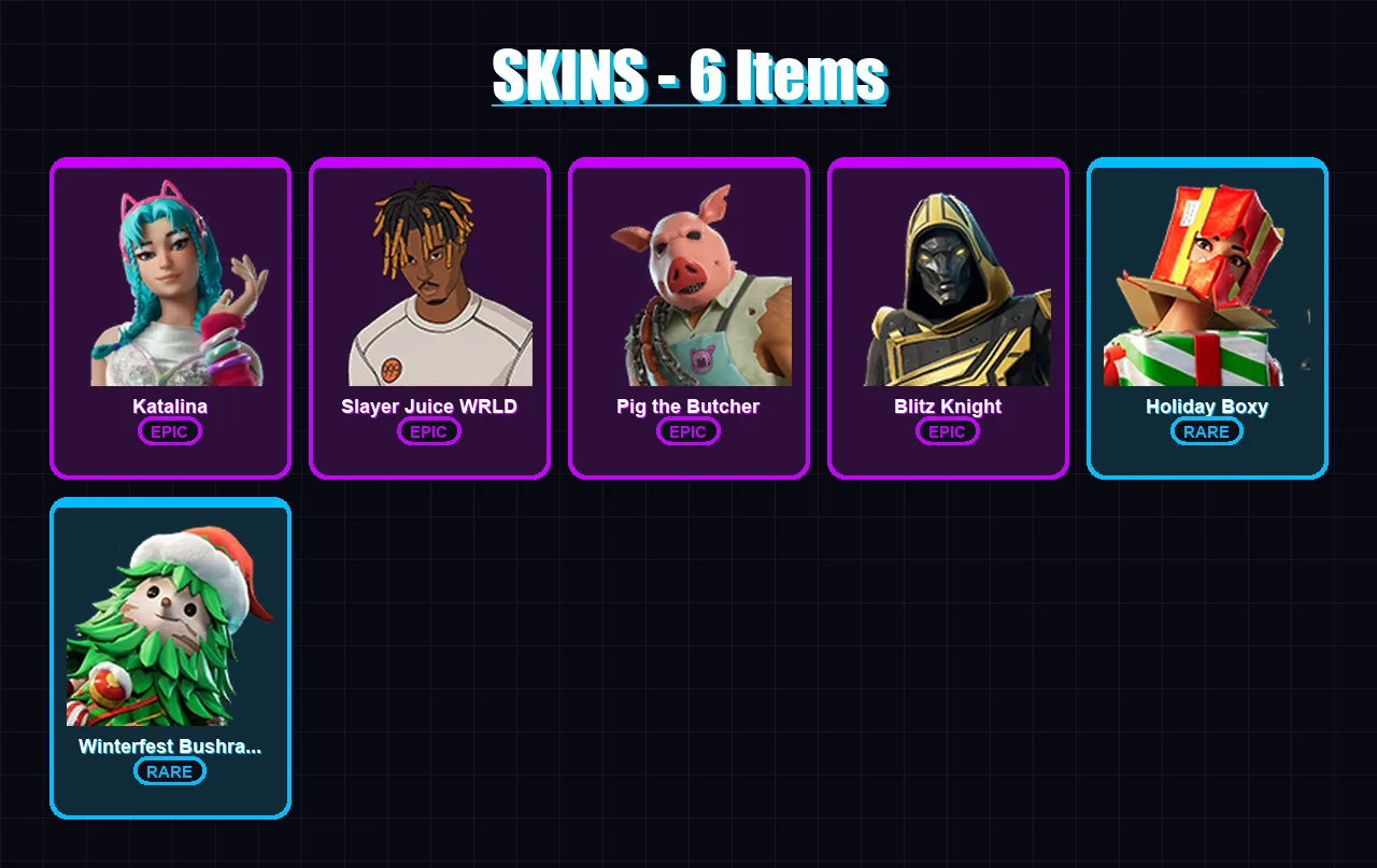 [PS4/PS5/XBOX/PC] | Katalina | Slayer Juice WRLD | Pig the Butcher | Blitz Knight | Holiday Boxy | 6 skin | 27 pickaxe | 16 emote | 22 glider | Lv22