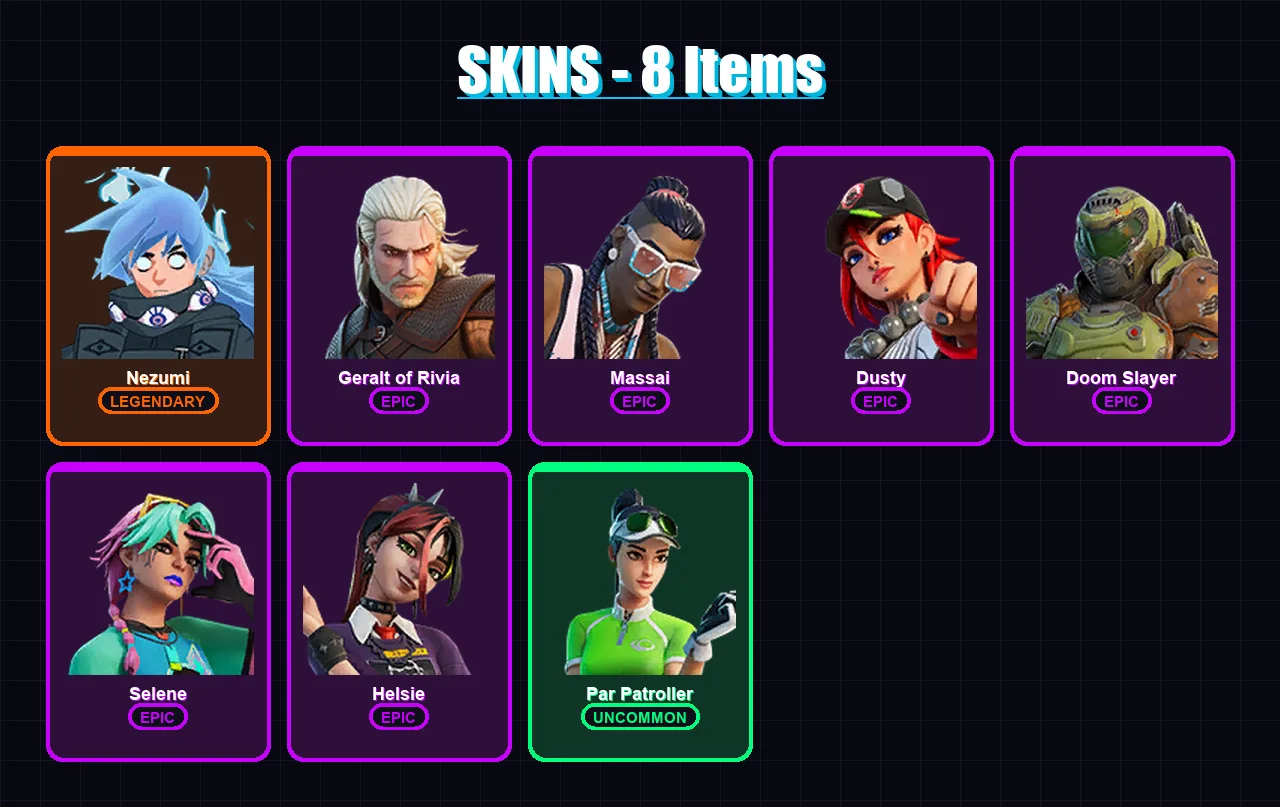 [PC/XBOX/PSN] | Nezumi | Geralt of Rivia | Massai | Dusty | Doom Slayer | 8 skin | 11 pickaxe | 11 emote | 9 glider | Lv89