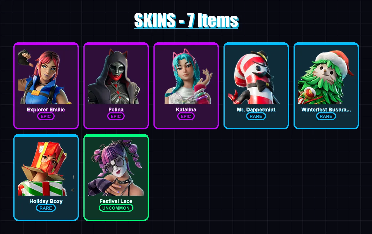 [PC/XBOX/PSN] | Explorer Emilie | Felina | Katalina | Mr. Dappermint | Winterfest Bushranger | 7 skin | 24 pickaxe | 10 emote | 20 glider | Lv340
