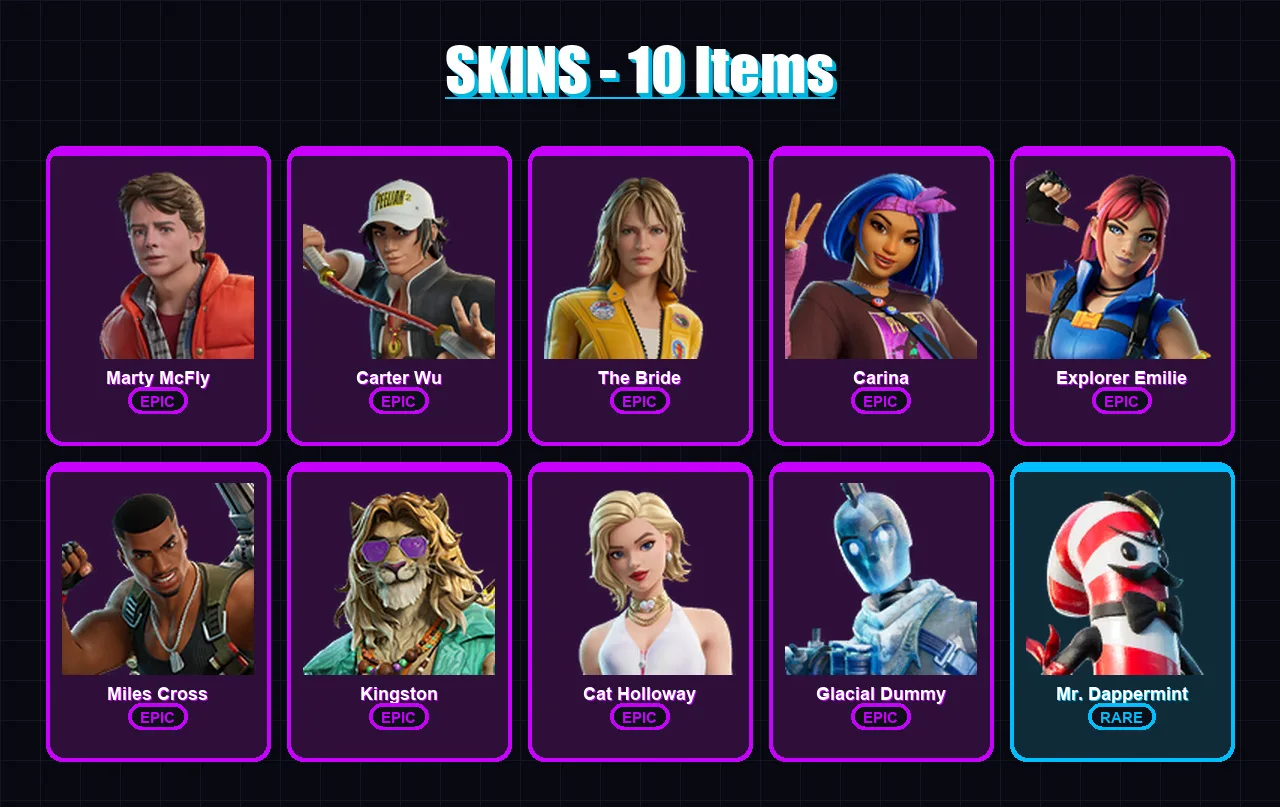 [PC/XBOX/PSN] | Marty McFly | Carter Wu | The Bride | Carina | Explorer Emilie | 10 skin | 17 pickaxe | 14 emote | 11 glider | Lv85