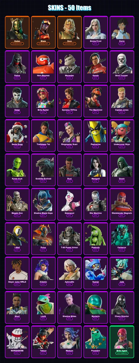 [PC/PSN] | Hades | Blaze | Zeus | Emma Frost | Korra | 50 skin | 73 pickaxe | 44 emote | 52 glider | Lv784