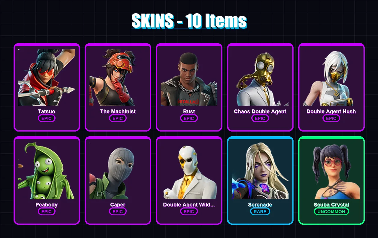[PC] | Tatsuo | The Machinist | Rust | Chaos Double Agent | Double Agent Hush | 10 skin | 16 pickaxe | 11 emote | 12 glider | Lv121
