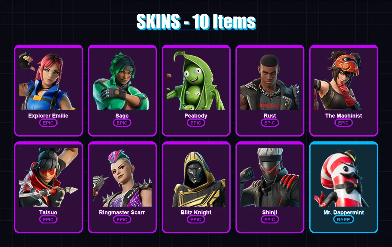 [PC/XBOX] | Explorer Emilie | Sage | Peabody | Rust | The Machinist | 10 skin | 35 pickaxe | 19 emote | 26 glider | Lv245