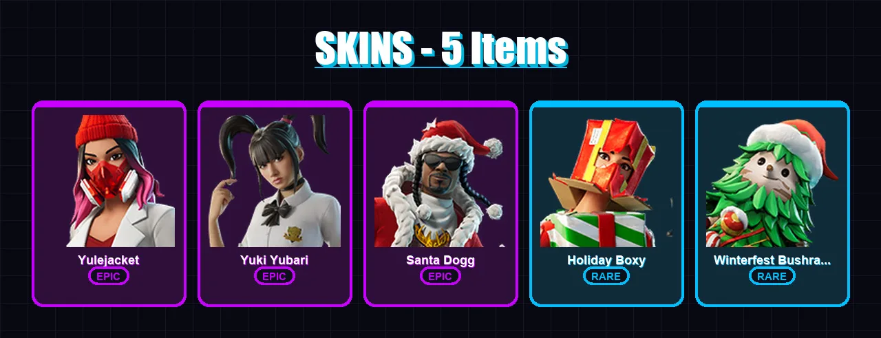 [PC/XBOX/PSN] | Yulejacket | Yuki Yubari | Santa Dogg | Holiday Boxy | Winterfest Bushranger | 5 skin | 23 pickaxe | 10 emote | 17 glider | Lv295