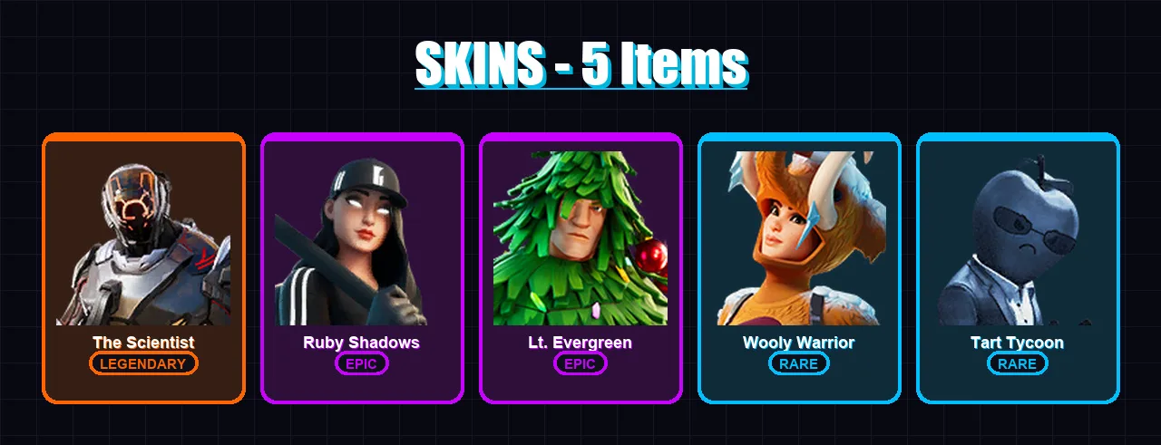 [PC/XBOX/PSN] | The Scientist | Ruby Shadows | Lt. Evergreen | Wooly Warrior | Tart Tycoon | 5 skin | 16 pickaxe | 23 emote | 20 glider | Lv528