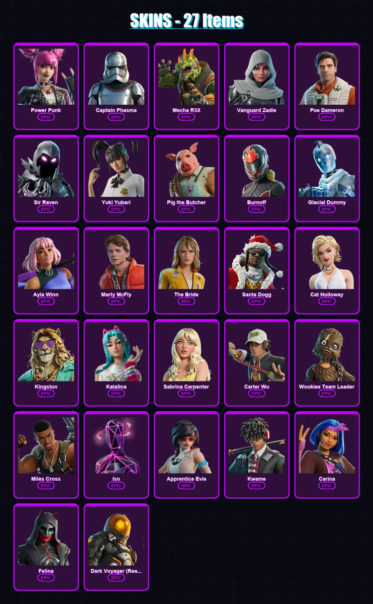 [PC/XBOX/PSN] | Power Punk | Captain Phasma | Mecha R3X | Vanguard Zadie | Poe Dameron | 27 skin | 63 pickaxe | 36 emote | 46 glider | Lv530 — Fortnite account
