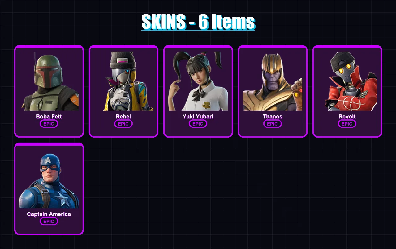 [PC/XBOX/PSN] | Boba Fett | Rebel | Yuki Yubari | Thanos | Revolt | 6 skin | 44 pickaxe | 18 emote | 33 glider | Lv564