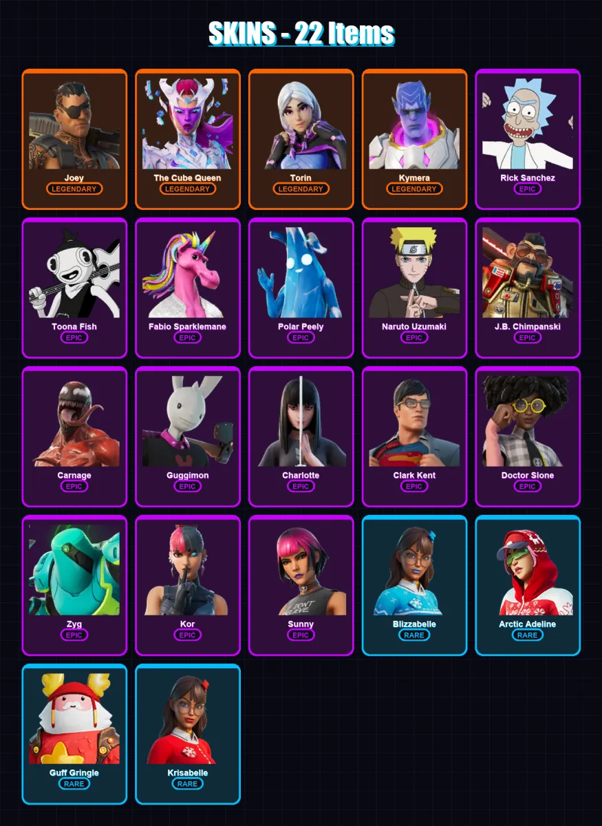[PC/XBOX/PSN] | Joey | The Cube Queen | Torin | Kymera | Rick Sanchez | 22 skin | 29 pickaxe | 28 emote | 33 glider | Lv735