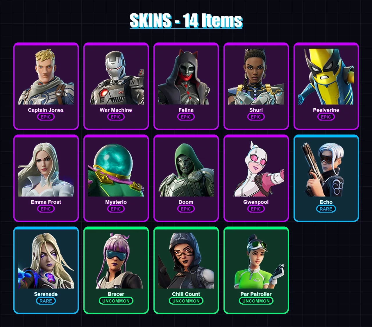 [PC/XBOX/PSN] | Captain Jones | War Machine | Felina | Shuri | Peelverine | 14 skin | 23 pickaxe | 20 emote | 20 glider | Lv498