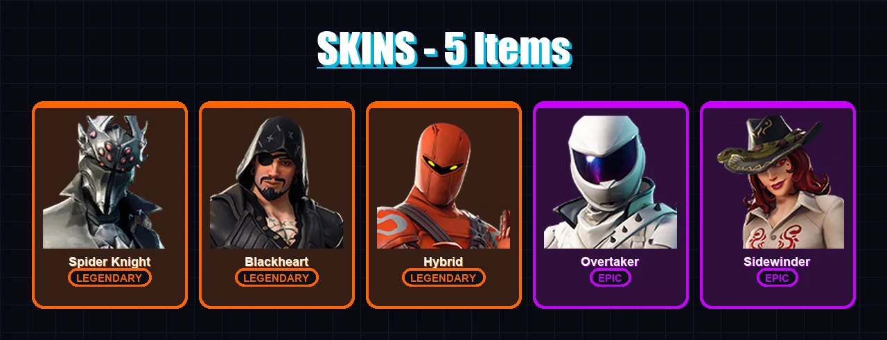 [PC/XBOX/PSN] | Spider Knight | Blackheart | Hybrid | Overtaker | Sidewinder | 5 skin | 5 pickaxe | 8 emote | 3 glider | Lv62
