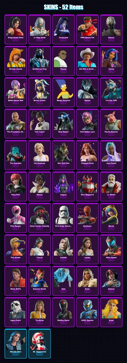 [PC/XBOX/PSN] | Dragonheart Demi | Lt. Ripp Slade | Corascana | FIRE Master Kai | Damon | 52 skin | 54 pickaxe | 31 emote | 26 glider | Lv153