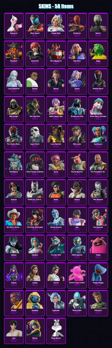 [PC/XBOX/PSN] | Gwenpool | Maxx Speed | Haylee Skye | Synthesis | Damon | 58 skin | 79 pickaxe | 47 emote | 36 glider | Lv313