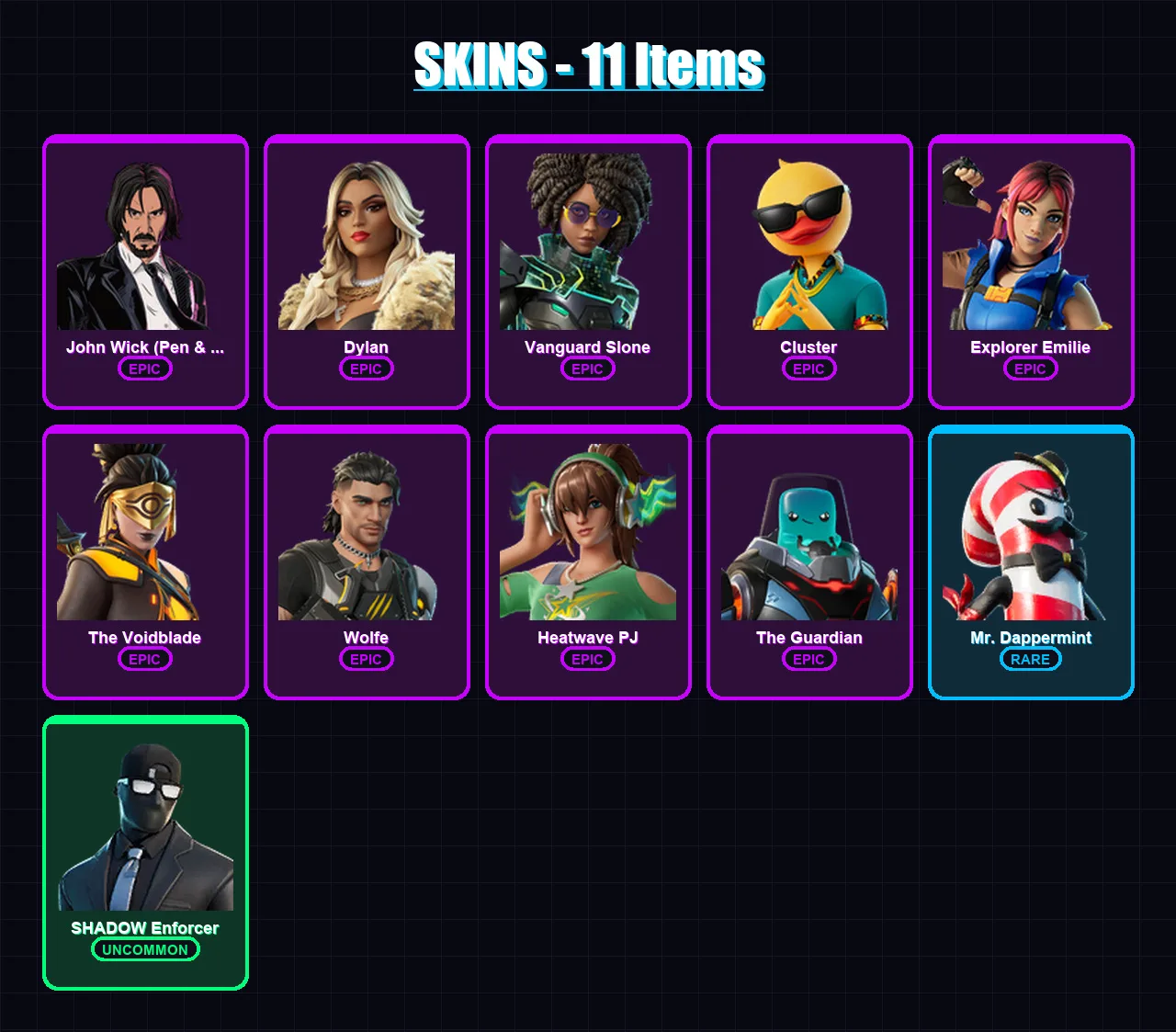 [PC/PSN] | John Wick (Pen & Ink) | Dylan | Vanguard Slone | Cluster | Explorer Emilie | 11 skin | 31 pickaxe | 17 emote | 30 glider | Lv287