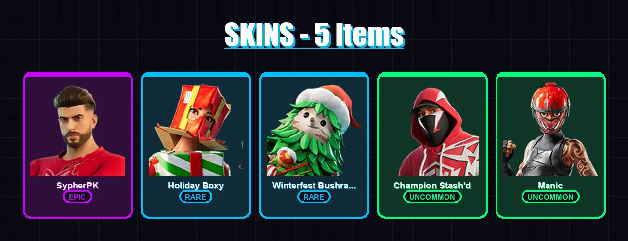 [PC/PSN] | SypherPK | Holiday Boxy | Winterfest Bushranger | Champion Stash'd | Manic | 5 skin | 12 pickaxe | 12 emote | 12 glider | Lv190