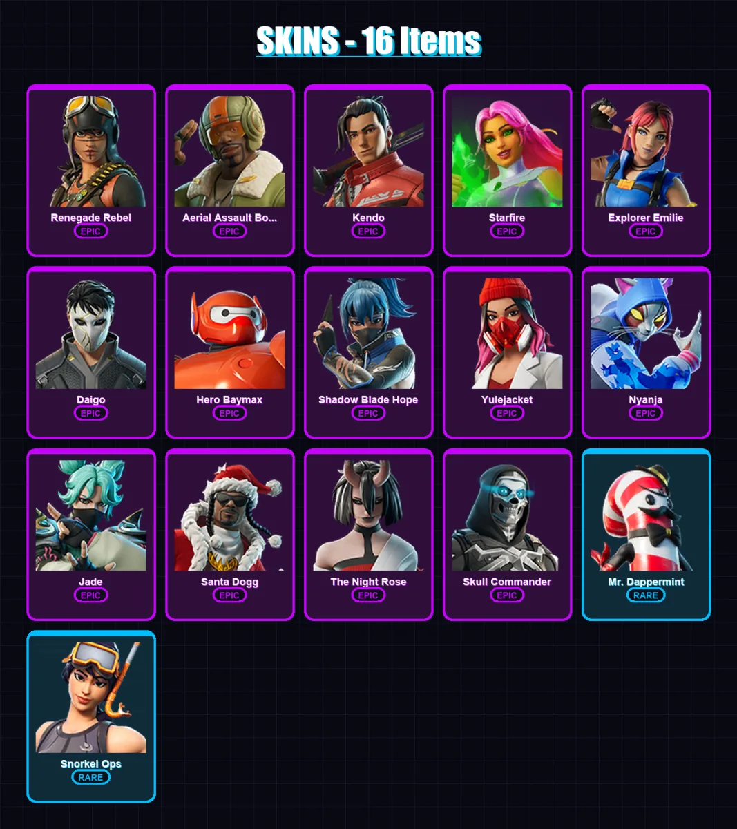[PC/XBOX/PSN] | Renegade Rebel | Aerial Assault Bomber | Kendo | Starfire | Explorer Emilie | 16 skin | 18 pickaxe | 17 emote | 16 glider | Lv205