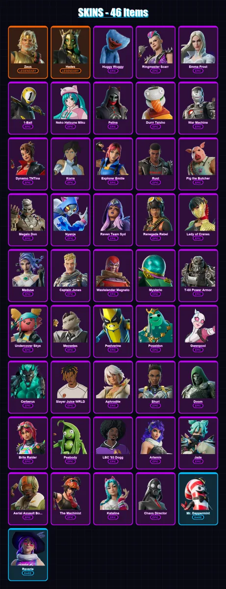 [PC/XBOX/PSN] | Zeus | Hades | Huggy Wuggy | Ringmaster Scarr | Emma Frost | 46 skin | 92 pickaxe | 52 emote | 53 glider | Lv607 — Fortnite account