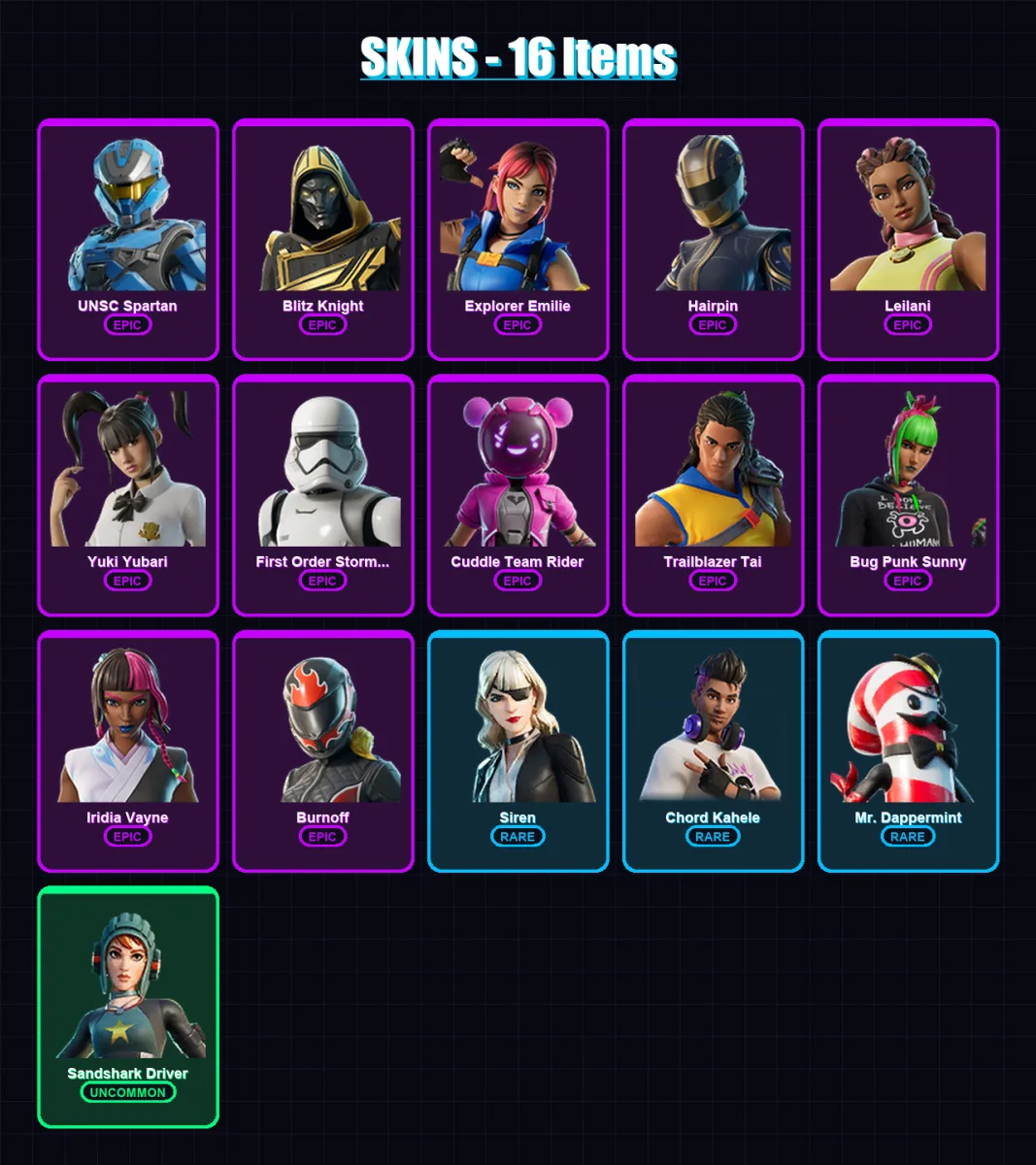 [PC/XBOX/PSN] | UNSC Spartan | Blitz Knight | Explorer Emilie | Hairpin | Leilani | 16 skin | 62 pickaxe | 32 emote | 36 glider | Lv1411
