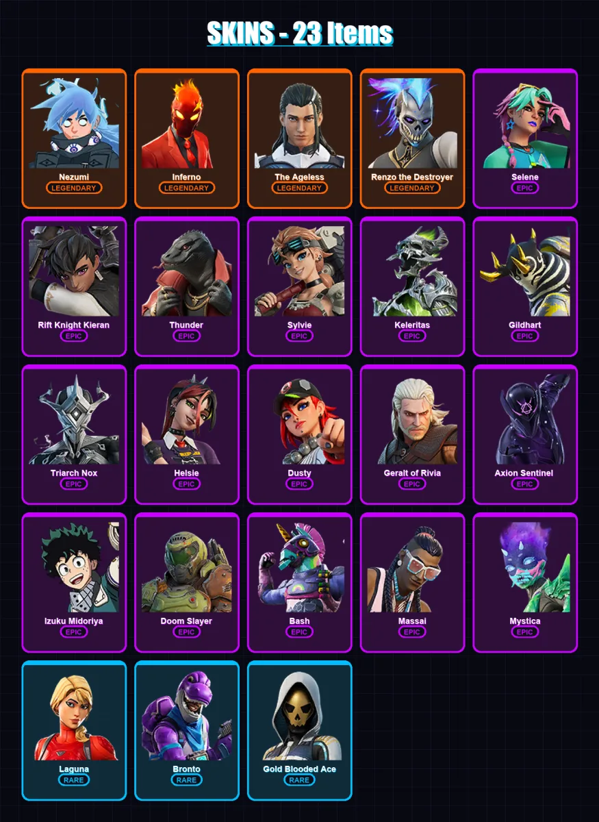 [PC/XBOX] | Nezumi | Inferno | The Ageless | Renzo the Destroyer | Selene | 23 skin | 31 pickaxe | 17 emote | 19 glider | Lv342
