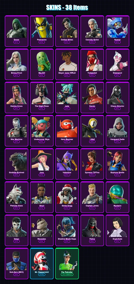 [PC/PSN] | Doom | Peelverine | Outlaw Midas | Cassidy Quinn | Nyanja | 38 skin | 90 pickaxe | 50 emote | 61 glider | Lv1045 — Fortnite account