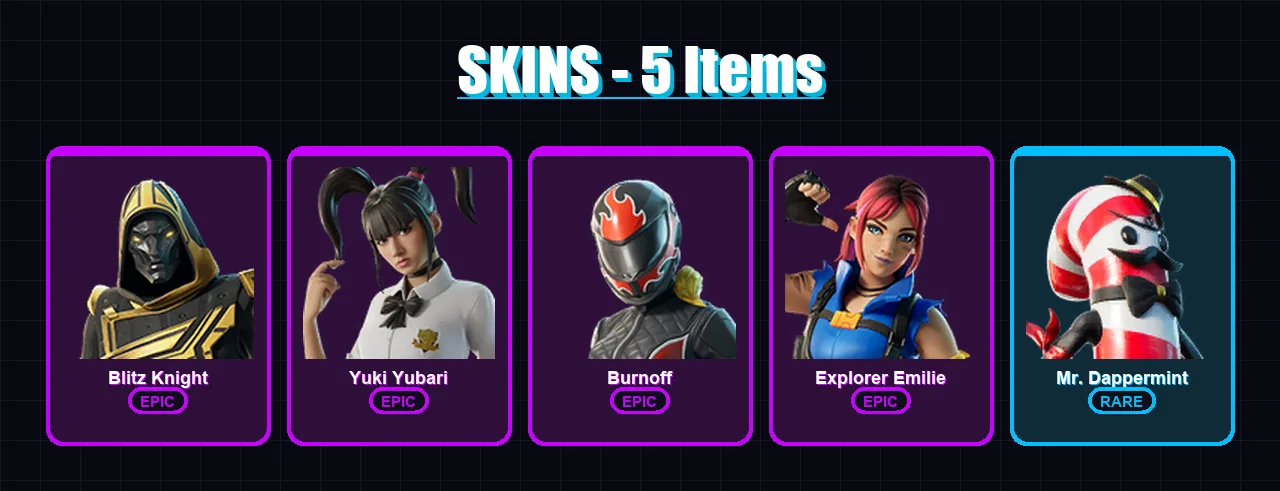 [PC] | Blitz Knight | Yuki Yubari | Burnoff | Explorer Emilie | Mr. Dappermint | 5 skin | 20 pickaxe | 9 emote | 10 glider | Lv213