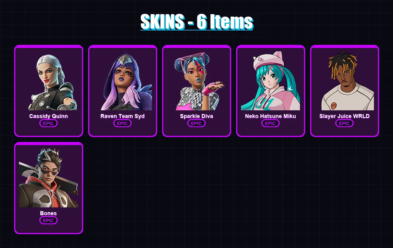[PC/XBOX/PSN] | Cassidy Quinn | Raven Team Syd | Sparkle Diva | Neko Hatsune Miku | Slayer Juice WRLD | 6 skin | 9 pickaxe | 4 emote | 6 glider | Lv