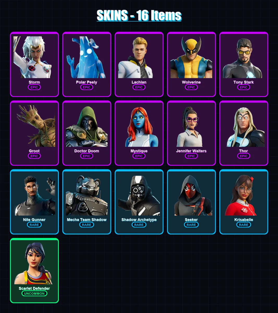 [PC/PSN] | Storm | Polar Peely | Lachlan | Wolverine | Tony Stark | 16 skin | 21 pickaxe | 16 emote | 17 glider | Lv245