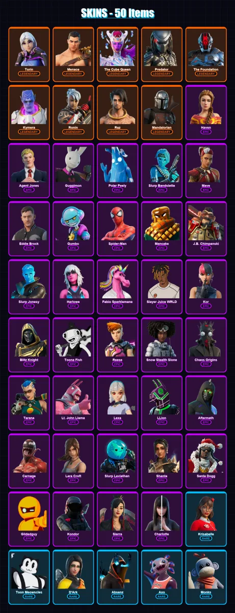 [SWITCH/XBOX/PSN/PC] | Torin | Menace | The Cube Queen | Predator | The Foundation | 50 skin | 64 pickaxe | 42 emote | 45 glider | Lv606