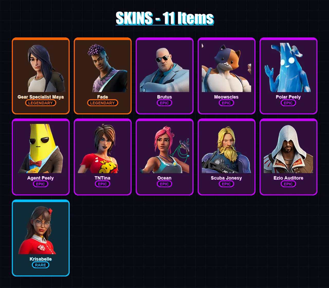 [PC/XBOX/PSN] | Gear Specialist Maya | Fade | Brutus | Meowscles | Polar Peely | 11 skin | 11 pickaxe | 13 emote | 13 glider | Lv183