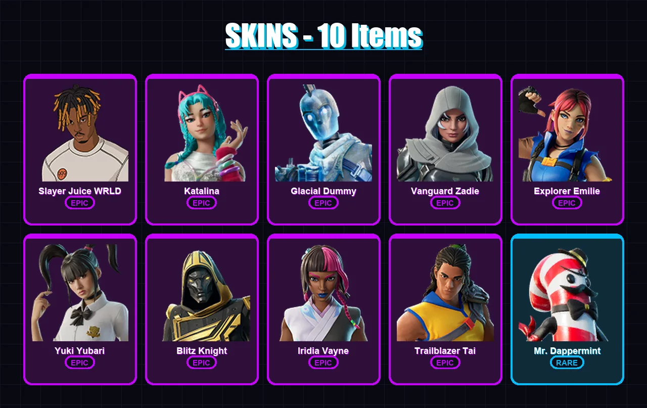 [PS4/PS5/PC] | Slayer Juice WRLD | Katalina | Glacial Dummy | Vanguard Zadie | Explorer Emilie | 10 skin | 53 pickaxe | 18 emote | 33 glider | Lv634 — Fortnite account