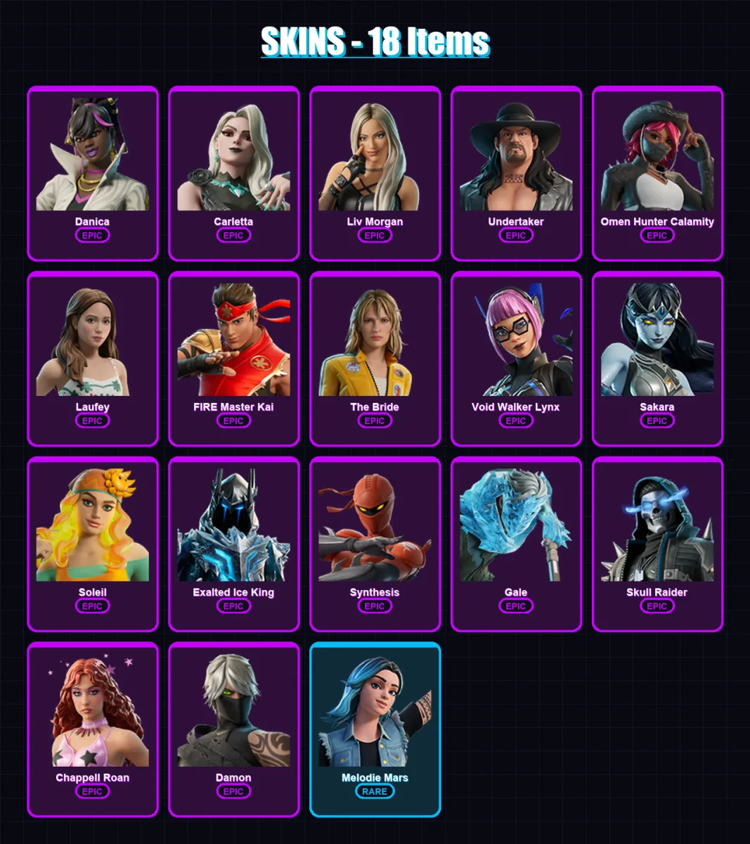 [PC/PSN] | Danica | Carletta | Liv Morgan | Undertaker | Omen Hunter Calamity | 18 skin | 14 pickaxe | 4 emote | 8 glider | Lv63