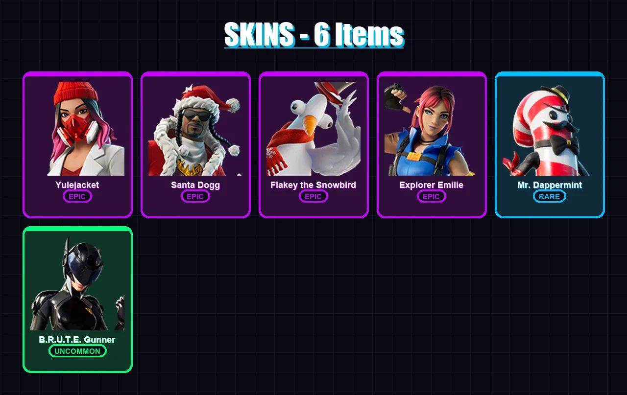 [PC/XBOX/PSN] | Yulejacket | Santa Dogg | Flakey the Snowbird | Explorer Emilie | Mr. Dappermint | 6 skin | 22 pickaxe | 10 emote | 16 glider | Lv13