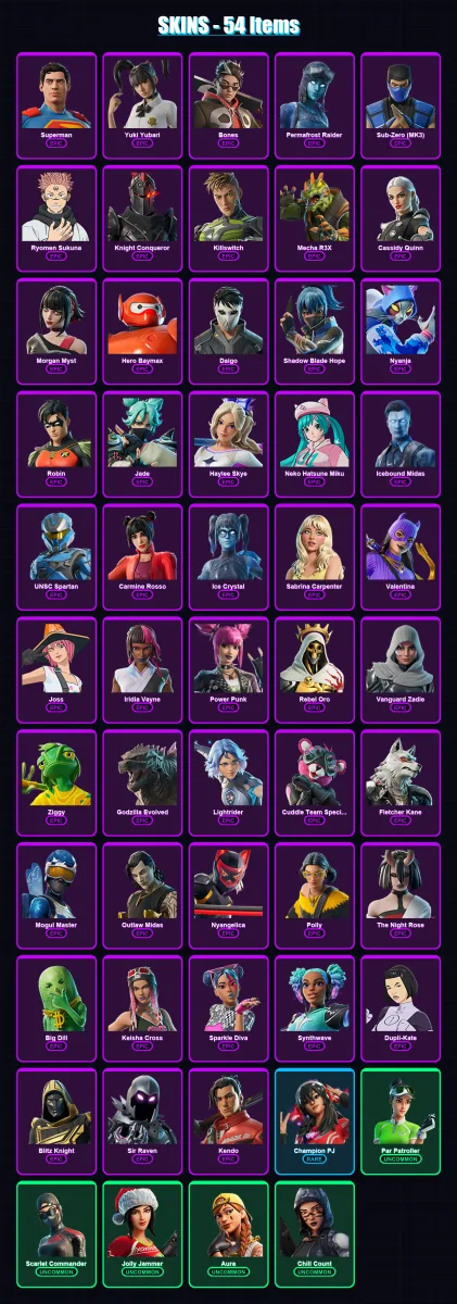 [PC/XBOX/PSN] | Superman | Yuki Yubari | Bones | Permafrost Raider | Sub-Zero (MK3) | 54 skin | 80 pickaxe | 64 emote | 52 glider | Lv1325