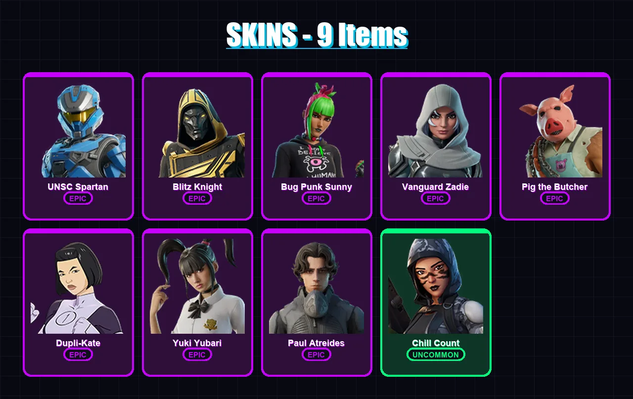 [PC/XBOX/PSN] | UNSC Spartan | Blitz Knight | Bug Punk Sunny | Vanguard Zadie | Pig the Butcher | 9 skin | 49 pickaxe | 19 emote | 31 glider | Lv135