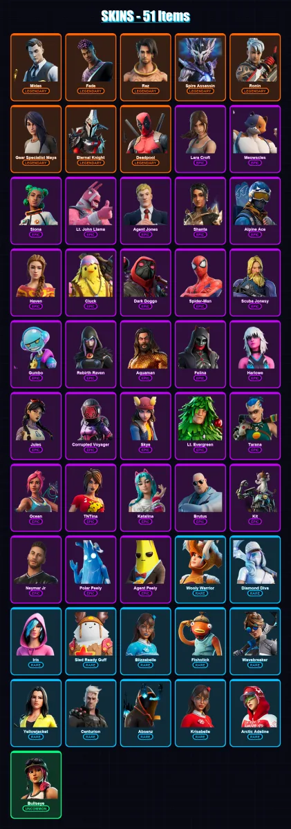 [PC/XBOX/PSN] | Midas | Fade | Raz | Spire Assassin | Ronin | 51 skin | 82 pickaxe | 74 emote | 69 glider | Lv1170