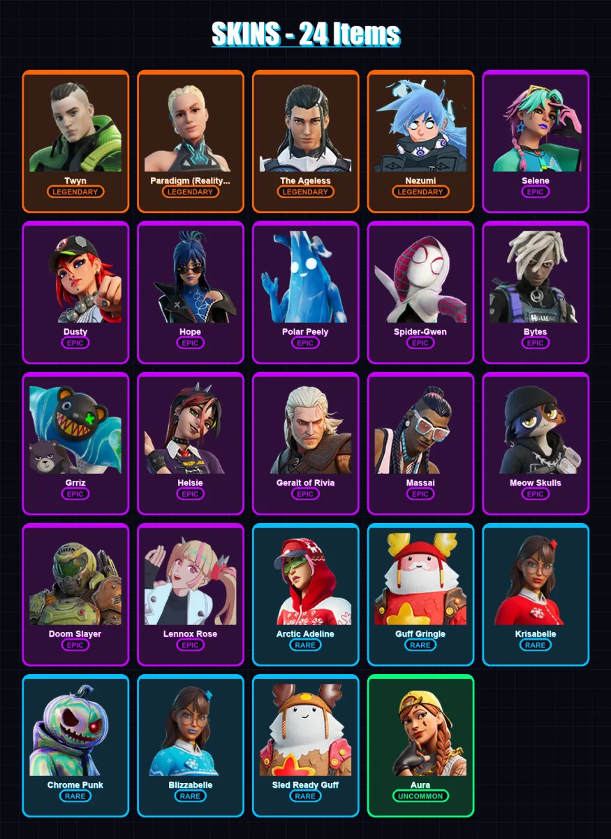 [PC/XBOX/PSN] | Twyn | Paradigm (Reality-659) | The Ageless | Nezumi | Selene | 24 skin | 42 pickaxe | 30 emote | 43 glider | Lv609