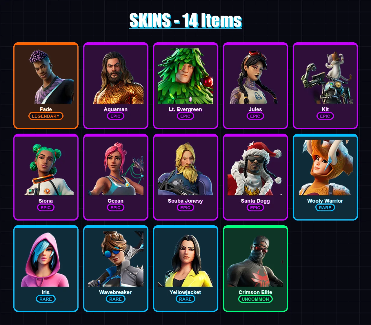 [PS4/PS5/XBOX/PC] | Fade | Aquaman | Lt. Evergreen | Jules | Kit | 14 skin | 34 pickaxe | 25 emote | 31 glider | Lv482 — Fortnite account