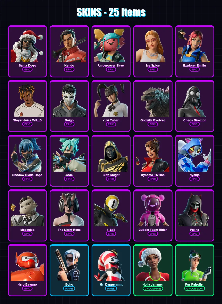 [PC/XBOX/PSN] | Santa Dogg | Kendo | Undercover Skye | Ice Spice | Explorer Emilie | 25 skin | 83 pickaxe | 43 emote | 56 glider | Lv750