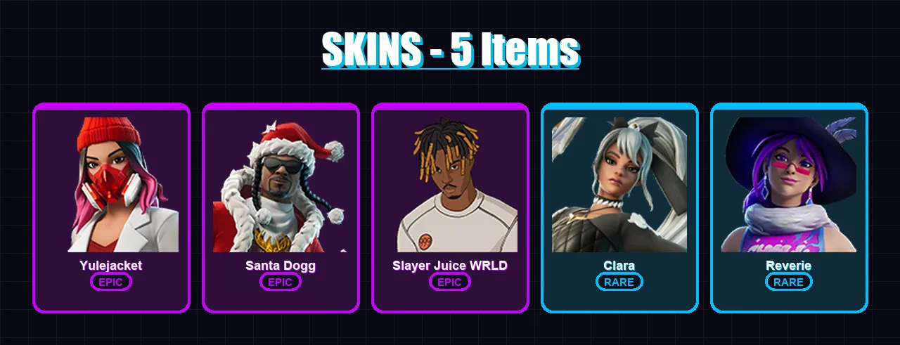 [PC/PSN] | Yulejacket | Santa Dogg | Slayer Juice WRLD | Clara | Reverie | 5 skin | 10 pickaxe | 4 emote | 5 glider | Lv47